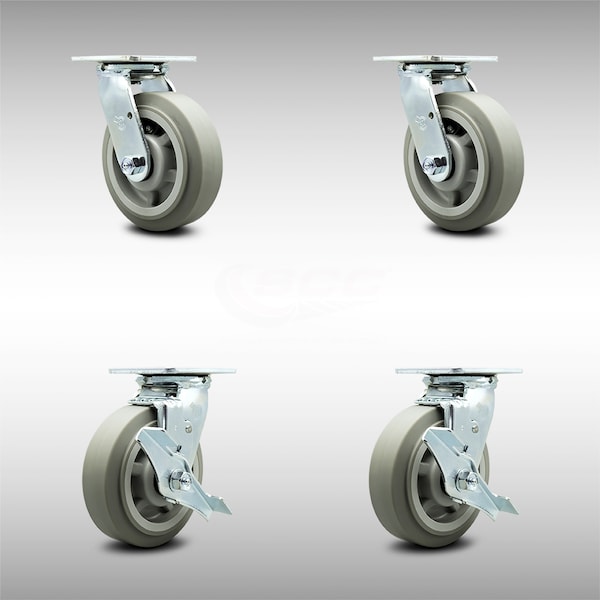 6 Inch SS Thermoplastic Rubber Swivel Caster Set with Ball Bearing 2 Brakes SCC